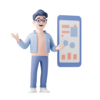A cheerful character presenting a data graph on a smartphone screen. png