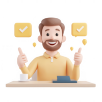A cheerful man giving thumbs up while working on a project with checkmarks. png