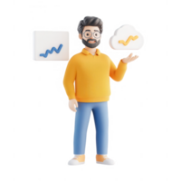 A cheerful man holding a cloud symbol and graph, representing digital data management. png