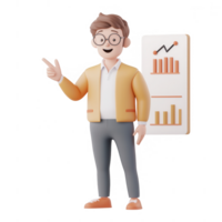 A cheerful professional presenting data and insights in a modern office setting. png