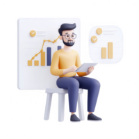 A man analyzing data on a tablet with graphs and charts in a modern workspace. png