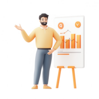 A professional man presenting a business graph on a flipchart with enthusiasm. png