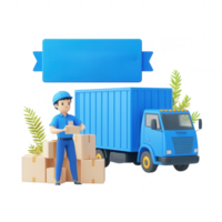 A worker organizing boxes next to a blue delivery truck in a vibrant setting. png