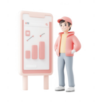 A young person standing next to a modern smartphone with a data analytics display. png