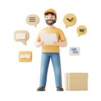 A smiling man holding a document amidst various communication icons and a box. png