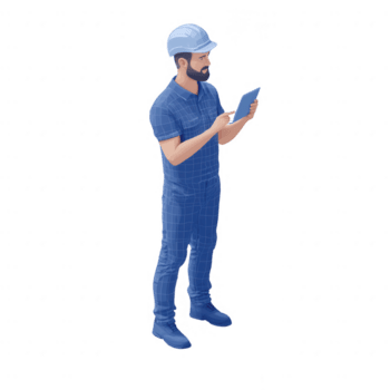 konstruktion arbetstagare använder sig av en läsplatta till övervaka projekt framsteg och klara av uppgifter. png