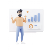 A smiling man presenting data analysis with charts and graphs for insights. png