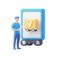 A man interacting with a delivery app on a mobile device, tracking a package. png