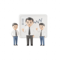Three animated business characters celebrating success with a growth chart. png