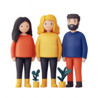 Three diverse friends standing together with plants, showcasing unity and connection. png