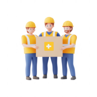 Three construction workers collaborating with a safety box for a project. png