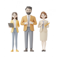 Three professional characters standing confidently in business attire, showcasing teamwork. png