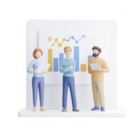 Three professionals collaborating on a project with charts and graphs in the background. png