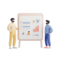 Two individuals discussing data analysis at a presentation board. png