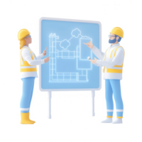 Two construction workers discussing blueprints and designs on a digital board. png