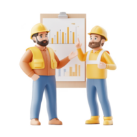 Two cartoon construction workers discussing project plans and statistics. png