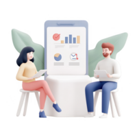 Two people discussing business data and charts in a modern workspace. png