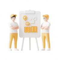 Two professionals discussing a project on a presentation board with graphics. png