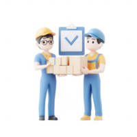 Two workers collaborating to ensure successful delivery processes with checklist. png