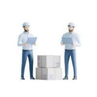 Two workers inspecting packages in a warehouse setting with safety helmets. png