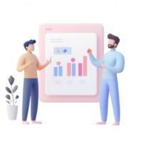 Two professionals discussing data analysis and performance metrics in a modern office. png