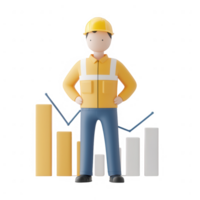 3D illustration of a worker with graphs representing growth and progress in industry. png