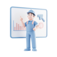 3D illustration of a cheerful worker presenting growth data on a chart. png