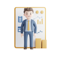 3D businessman standing confidently in front of performance graphs and metrics. png