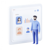 3D illustration of a man standing by a digital interface with user profiles and charts. png