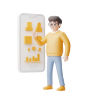 A 3D character interacting with a mobile app displaying data and analytics. png