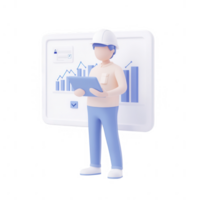 3D illustration of an engineer analyzing data and charts for project management. png