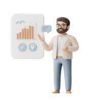 A 3D character presenting growth statistics with charts and speech bubble. png