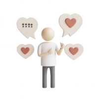 A 3D character engaging in conversation with heart symbols representing emotions. png