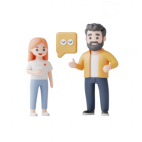 Two 3D characters having a friendly conversation with speech bubbles. png