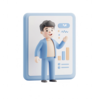 A 3D character presenting data analytics on a digital screen. png