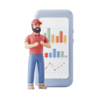 A 3D character analyzing data on a mobile device with graphs and charts. png