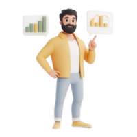 A 3D character representing business growth and analytics with graphs. png