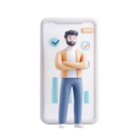 A 3D illustration of a man standing confidently with a smartphone displaying graphs. png
