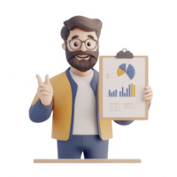A cheerful man presenting a business report with graphs and data analysis. png