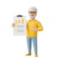 A cheerful senior man presenting a report with graphs and checklists. png