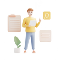 A cheerful young man holding a document, surrounded by modern graphic elements. png