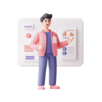 A cheerful young man presenting data analytics and visualization on a digital interface. png