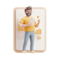 A cheerful man using a smartphone while analyzing data and achievements. png