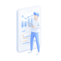 A professional analyzing data on a tablet with graphics and charts in the background. png