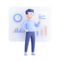 A professional character presenting data and statistics in a modern workspace. png