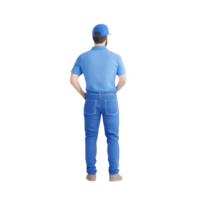 A man in a blue uniform stands confidently, ready for action, from the back. png