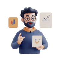 A man presenting data insights with graphs and charts in a 3D illustration. png