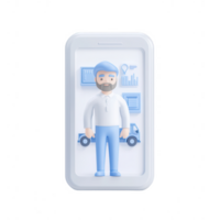 A stylized mobile interface showcasing a character with business graphics. png