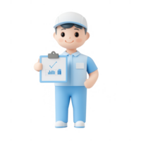 Friendly employee holding a clipboard with graphs, representing teamwork and analytics. png