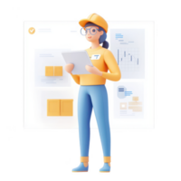 A woman analyzing reports with graphs and charts in a modern workplace setting. png